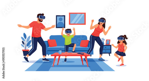 family playing virtual reality game at home together fun