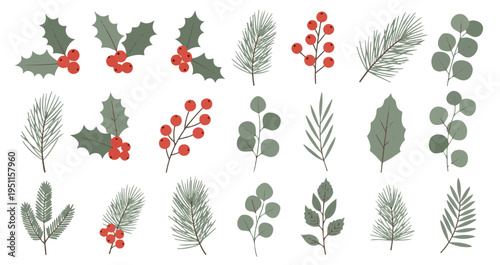 Set of flat Christmas greenery elements with holly berries, pine branches, and eucalyptus leaves isolated on white background