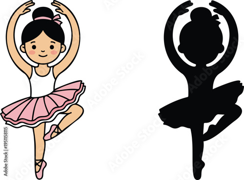Cute chibi style illustration of a little girl ballerina wearing a pink tutu and ballet shoes dancing with arms up for dance school hobby childhood or artistic performance concept design