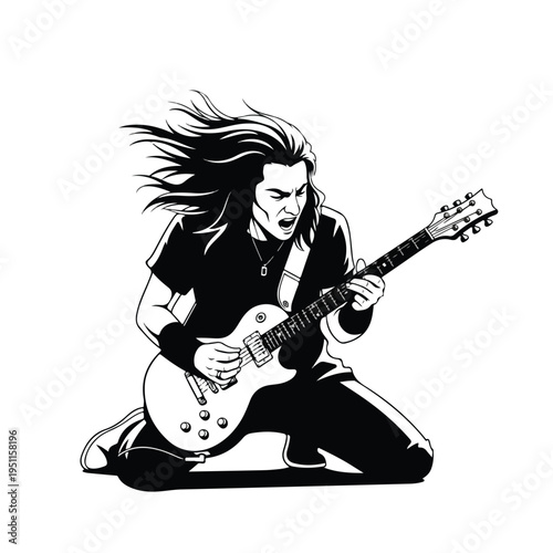 Black-and-white illustration of a dynamic guitar hero playing an electric guitar with energetic hair