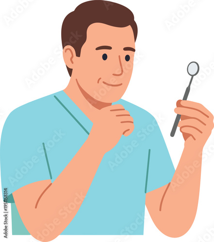 Professional flat vector illustration of a friendly male dentist holding a dental mirror tool wearing blue medical scrubs for oral healthcare hygiene dentistry clinic or medical profession concepts on