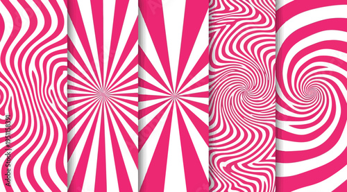 Vibrant pink optical illusion patterns with swirling stripes and shapes in a visually striking design
