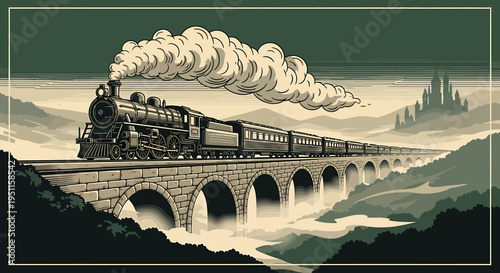 Iconic Steam Locomotive Traversing an Ancient Stone Bridge Amidst Mystical, Fog-Laden Mountains and Valleys