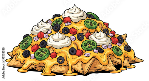 Deliciously Loaded Nachos Pile with Melted Cheese, Olives, Jalapeños, and Creamy Toppings, Perfect for Sharing