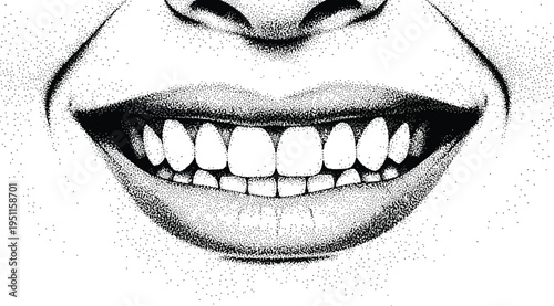 A black and white illustration of a smiling mouth with teeth isolated on white background