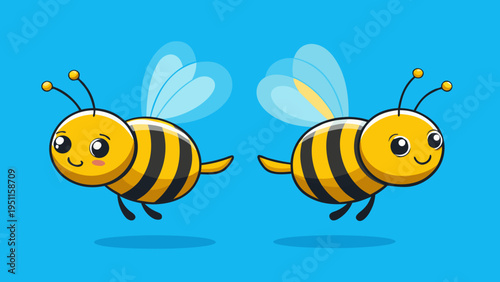 "A professional, high-resolution cartoon illustration of two cute stylized honeybees flying toward each other, isolated on a solid, vibrant sky-blue background. Each bee features classic yellow and bl
