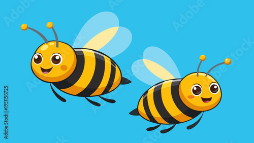 "A professional, high-resolution cartoon illustration of two cute stylized honeybees flying toward each other, isolated on a solid, vibrant sky-blue background. Each bee features classic yellow and bl