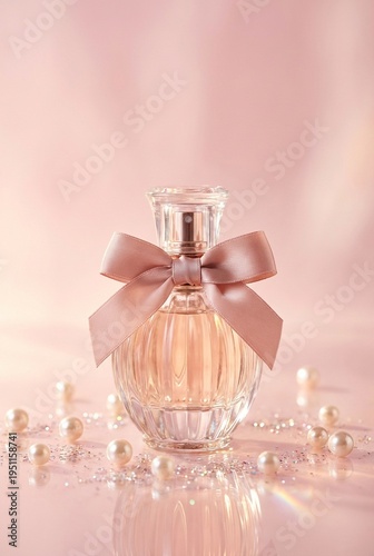 Elegant Pink Perfume Bottle with Satin Ribbon and Pearls Luxury Beauty Aesthetic Background
