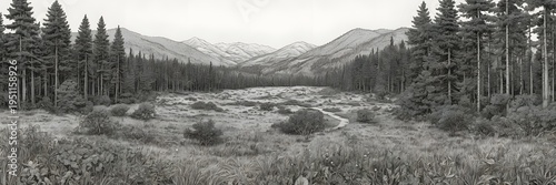 Black and White Mountain Landscape with Forest and River Scene