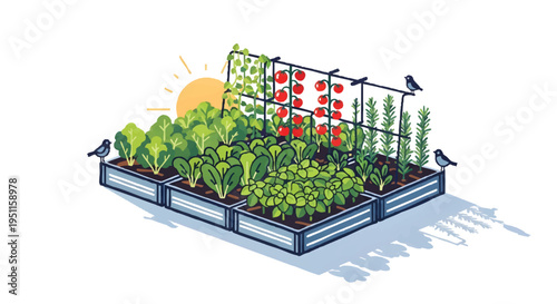 Pixel art garden with plants and vegetables in a raised bed