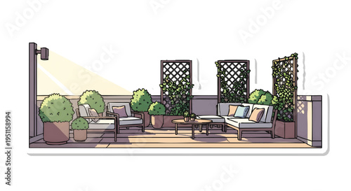 Cozy outdoor patio with furniture and plants in garden