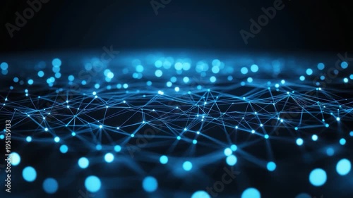Abstract image of interconnected glowing blue nodes on a dark background. Nodes create a network