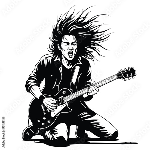 A dynamic black and white illustration of a guitar hero with wild hair, passionately playing an electric guitar on one knee, conveying energy