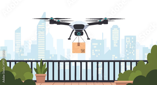 Drone delivering a package over a cityscape with a balcony