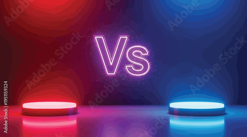 Neon versus sign with red and blue lights on a dark background with vs symbol