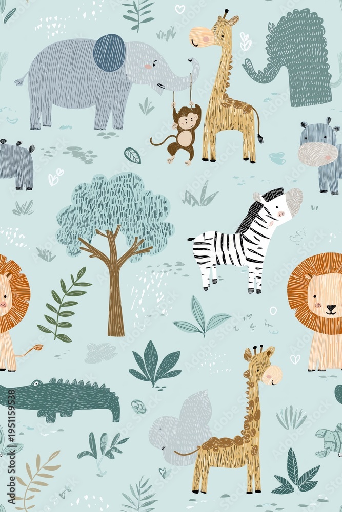 Obraz premium Cute cartoon jungle animals seamless pattern. Safari animals pattern with giraffes, elephants, and lions on a light blue background
