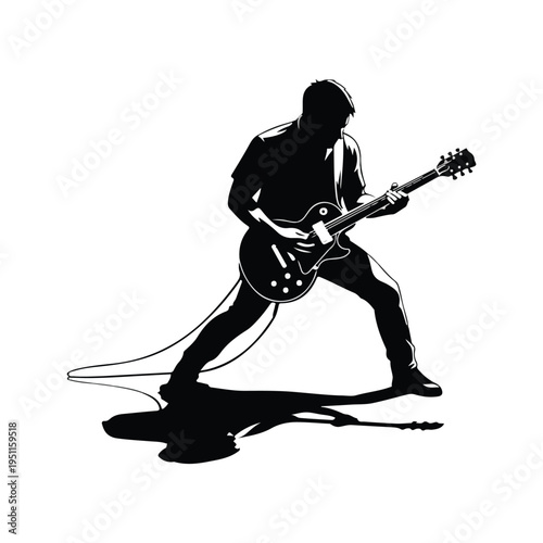 A silhouette of a guitar hero playing an electric guitar with a dynamic pose on a white background