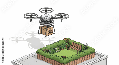 Drone delivering package to garden on smartphone screen