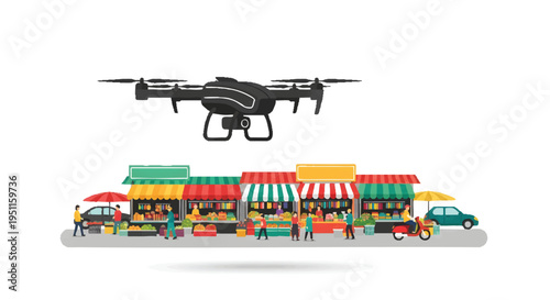 Drone flying over colorful market stalls with people and vehicles