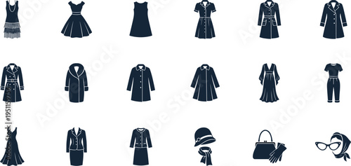 Professional Vintage and Retro Women's Fashion Icon Set Featuring Classic Flapper Dresses Trench Coats Fur Coats Pillbox Hats and Elegant 1950s Style Apparel