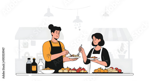 Food vendors serving customers at market stall