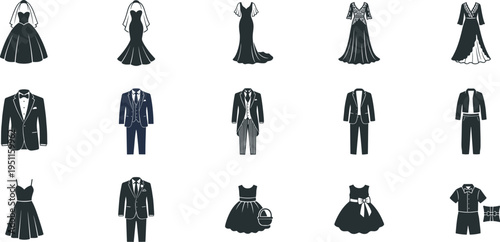 Professional Wedding and Bridal Fashion Icon Set Featuring Elegant Bridal Gowns Groom Suits Evening Dresses Flower Girl Attire and Formal Wedding Outfits