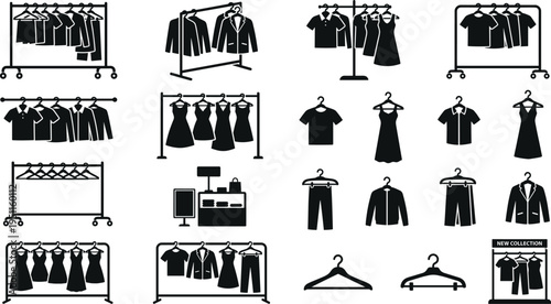 Professional Clothing Rack and Retail Display Icon Set Featuring Garment Hangers Boutique Shop Stands and Fashion Apparel Merchandise Silhouettes
