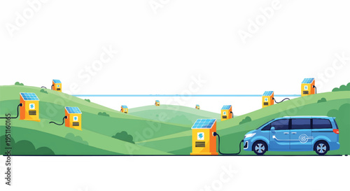 Electric car charging in a green countryside with houses