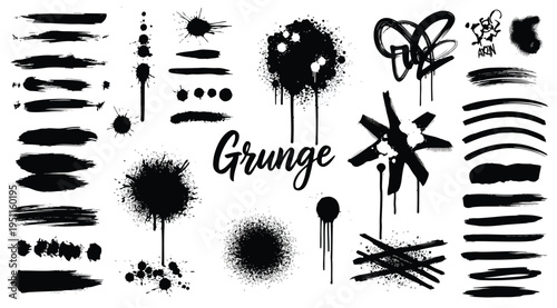 Grunge texture elements with paint splatters and smudges isolated on white background