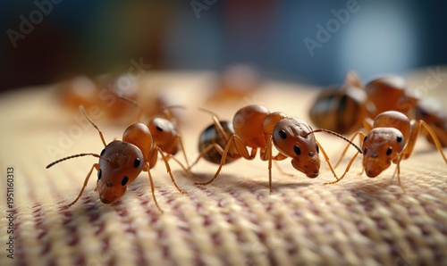 Macro fotografia detalhada de um grupo de formigas vermelhas caminhando sobre uma superfície de tecido texturizado com foco seletivo no primeiro plano.