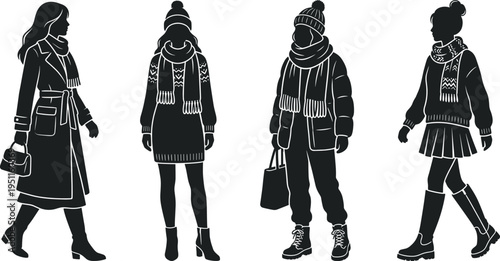Professional Women's Winter Fashion Silhouette Icon Set Featuring Long Trench Coats Knit Dresses Puffer Jackets Scarf and Boot Outfits for Cold Weather Style