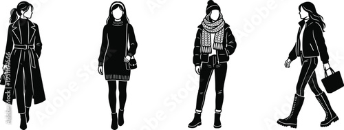 Professional Women's Winter and Autumn Fashion Icon Set Featuring Long Coats Knit Sweaters Puffer Jackets Scarves and Boot Silhouettes for Cold Weather Style