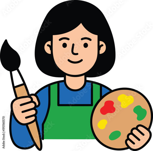 Creative female artist holding paintbrush and paint palette, flat vector illustration of woman painter in apron, artistic hobby, professional fine arts creator, art education and creativity concept ch