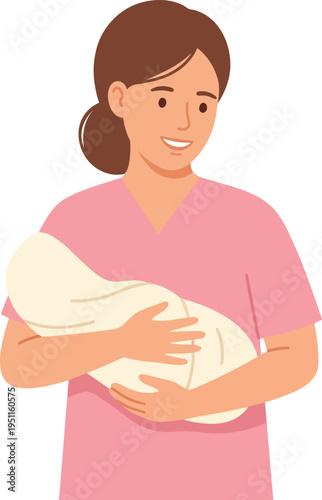 Compassionate female nurse or caregiver cradling a newborn baby, flat vector illustration for maternity healthcare, pediatric clinic, childcare services, nursery support and medical professional chara