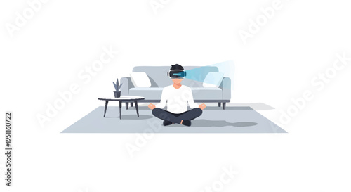 Man meditating in living room with virtual reality headset on