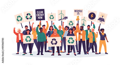 Diverse group of people protesting for environmental conservation and sustainability