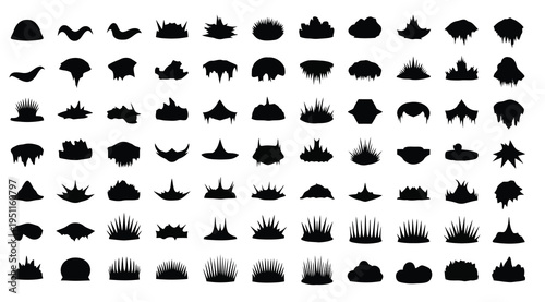 Collection of various black silhouettes of trees and bushes on white background for design and decoration purposes easily