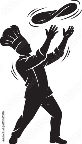 Professional chef silhouette tossing pizza dough in the air, black and white vector illustration for italian restaurant kitchen, culinary arts, baker making fresh bread, food service and catering logo