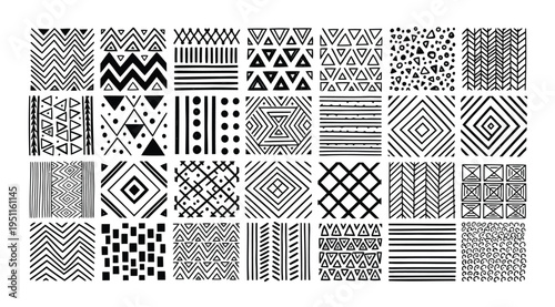 Collection of various black and white geometric patterns and textures on white background