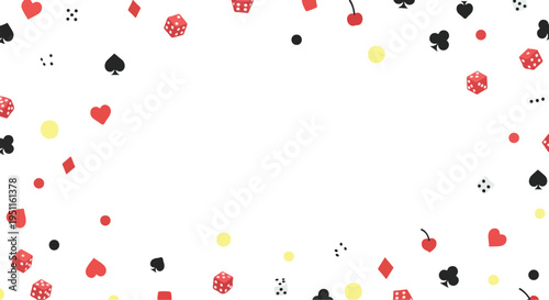 Abstract game background with playing card suits and dice scattered randomly over a transparent checkerboard