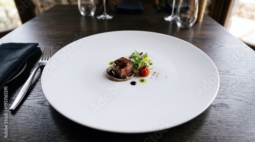 Gourmet steak fine dining meal on white plate