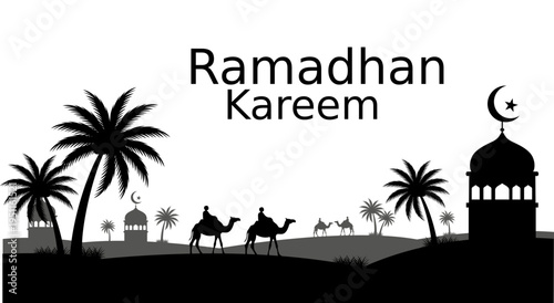 Ramadan celebrations with camels palm trees and mosque at sunset desert landscape