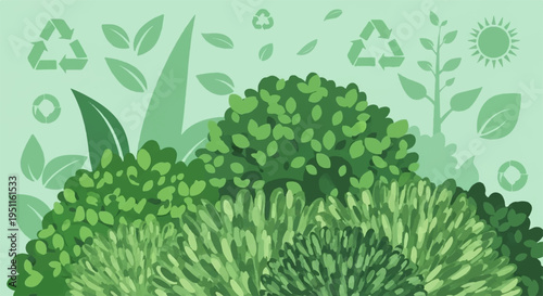 Eco friendly whisk kitchen utensil amidst lush green broccoli and grass with recycling symbols background