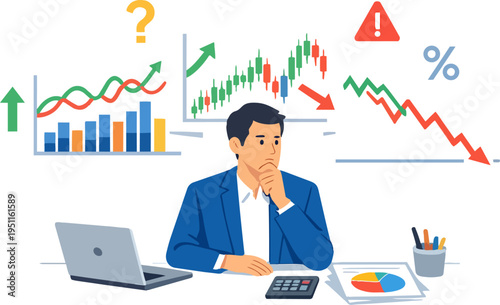 Financial decision-making: man analyzing investment charts and market trends