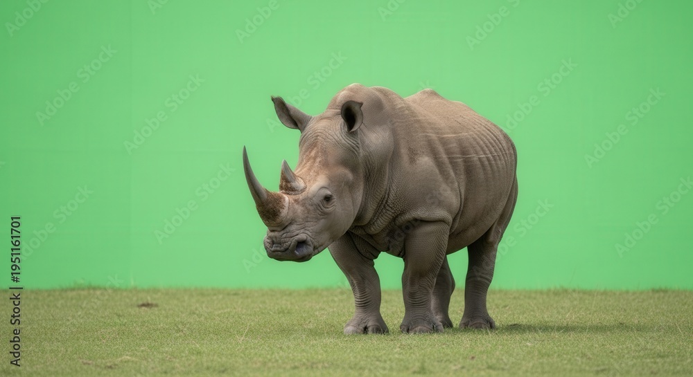 Obraz premium Young Rhinoceros Standing on Grass with Green Screen Background