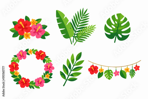 Tropical floral and foliage collection for summer Hawaiian party decoration