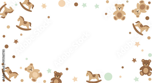 Baby shower frame with rocking horses and teddy bears in neutral pastel colors for nursery room decor and greeting cards