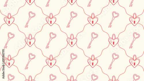 Texture with wavy contours of a rhombus containing a key from the heart and a lock to the heart in a combination of cream and red colors. Delicate romantic texture