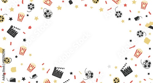 Cinema themed decorative border with popcorn, film reels, stars, and confetti on transparent grey background