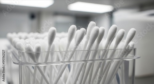 Close-Up of Cotton Swabs in Clear Container on Medical Surface
